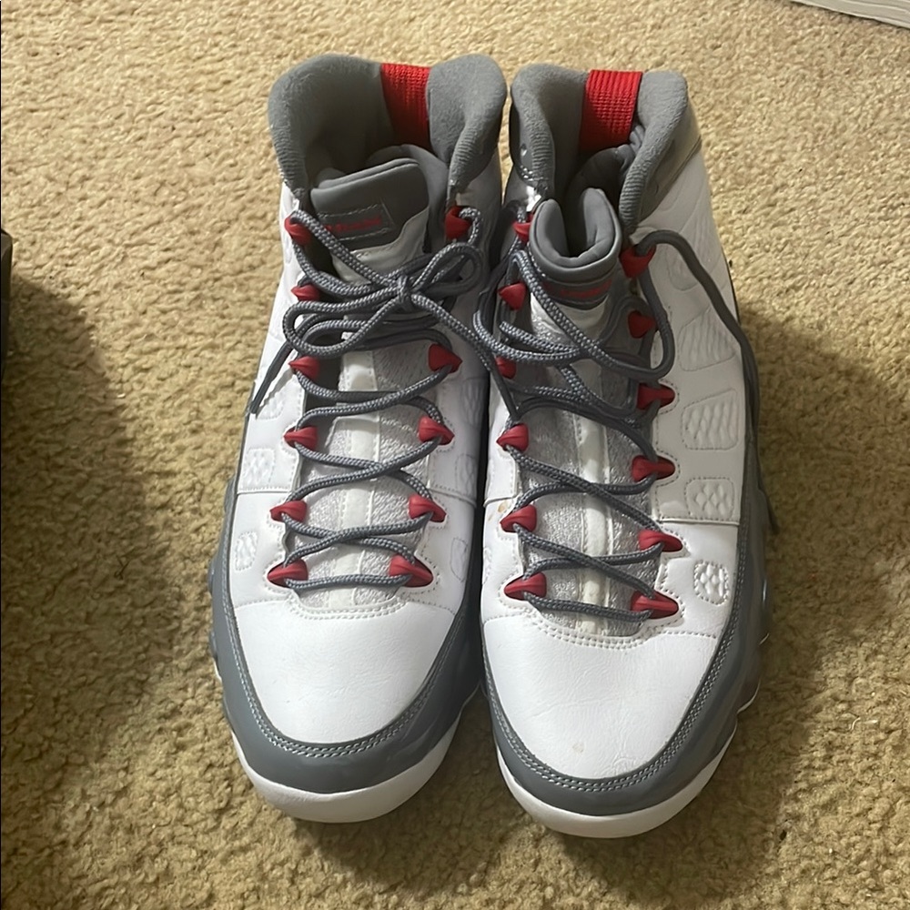 K Jordan White and Gray Sneakers with Red Accents
